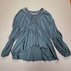 Free People Dark Green Boho Crochet Lace Up Balloon Sleeve Peasant Blouse Small